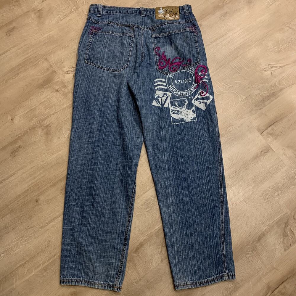 Vintage Y2K Notorious BIG Embroidered Jeans Baggy Wide Men's 34x33 Blue Denim